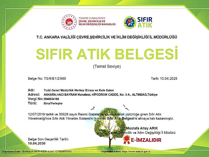 TCDD, SIFIR ATIK BELGESİ ALDI